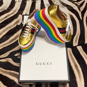 PEGGY Gucci Gold Platform Sneakers with Rainbow Soles